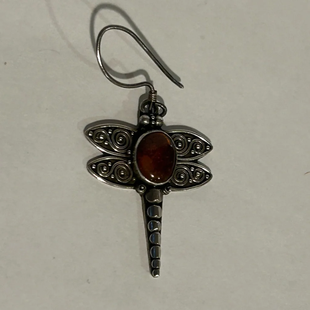 Dragonfly Silver and Amber Earrings - Picture 4 of 8